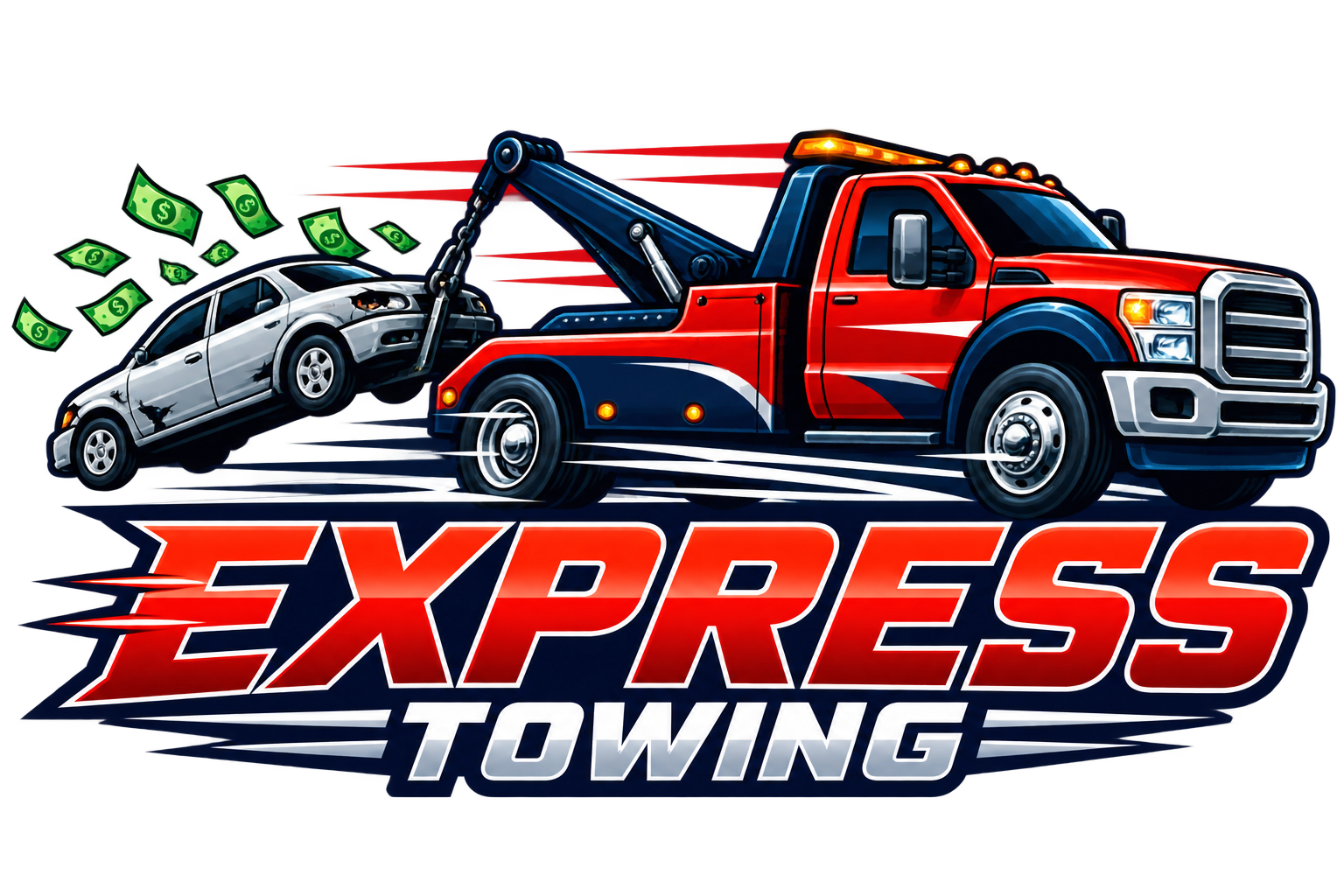 Express Towing and Cash for Junk Cars logo with tow truck, car and cash